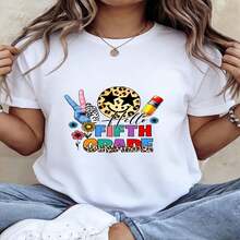 A Classic And Versatile Piece: A Women's Short-Sleeved, Pure Cotton T-Shirt With A Fifth-Grade Print, Perfect For Year-Round Wear. Modern Style. - 白色 - 查看 2
