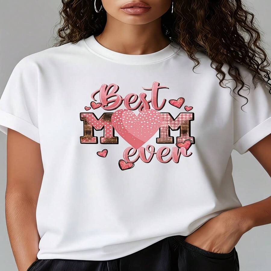 Women's Best Mom Ever Cotton Short Sleeve Round Neck T-Shirt Regular Fit High Stretch Casual Top - Blanco - Ver 1