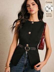 Chaleco de traje de mujer con cinturón, chaleco de traje con cintura, decoración de dobladillo asimétrico, botón metálico de solapa única, blazer informal sin mangas, traje negro, verano, mujer, negocios, mujer, overoles, blazer, trabajo, mujer, abotonado, mujer, festival, dinero viejo en otoño/invierno - Negro - Ver 8