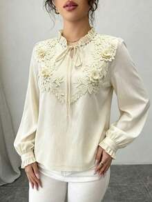 Blusa de mujer de color albaricoque con adorno de encaje, de moda y casual - Albaricoque - Ver 5