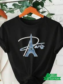Women's Round Neck T-Shirt With Anime And Letter Print, Simple Design, Comfortable And Breathable, Suitable For Casual Daily Wear, Showing A Natural And Elegant Style, A Must-Have For Summer Parties, With Eiffel Tower Details And Pearl Embellishments. - 黑色 - 查看 1