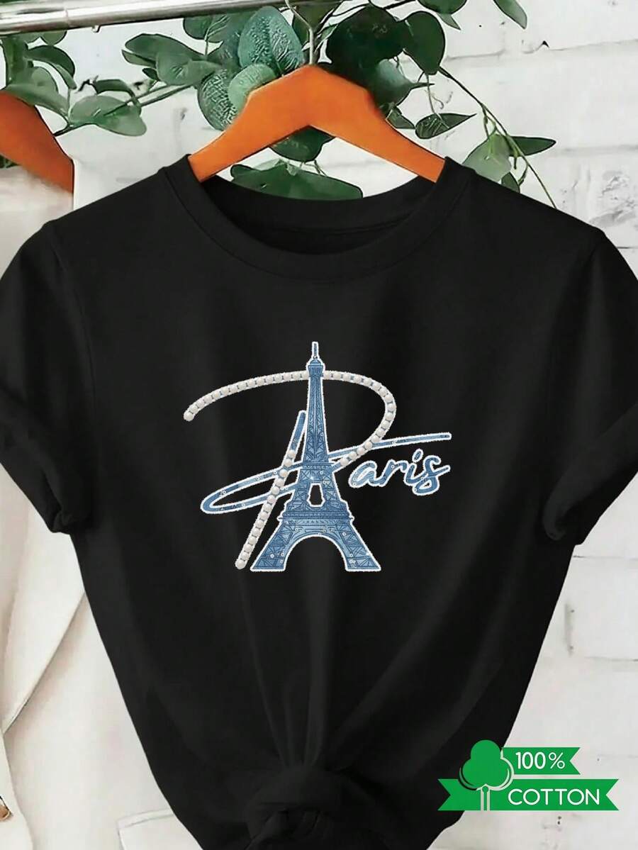 Women's Round Neck T-Shirt With Anime And Letter Print, Simple Design, Comfortable And Breathable, Suitable For Casual Daily Wear, Showing A Natural And Elegant Style, A Must-Have For Summer Parties, With Eiffel Tower Details And Pearl Embellishments. - 黑色 - 查看 1