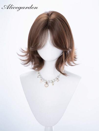 alicegarden 12-Inch Long Synthetic Short Bob Wig Featuring A Natural Curly Hair Look A Stunning Brown. Designed With Bangs , It Is Crafted From Heat-Resistant Fiber To Ensure Durability. This False Hairpiece Is Perfect For Ms Daily Perfect For Parties, Role-Play And Gatherings Use, Offering A Natural And Realistic Appearance That Mimics It Is Also A Gift For Women.