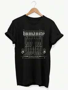 Camiseta Humanity Graphic Urban Y2K Streetwear. Camiseta unisex de algodón puro de 220 g. Peso ideal para todas las estaciones, apta tanto para hombres como para mujeres. Tejido duradero de alta calidad, suave al tacto y de larga duración. Prenda transpirable, ideal para el otoño y las vacaciones. - Negro - Ver 1