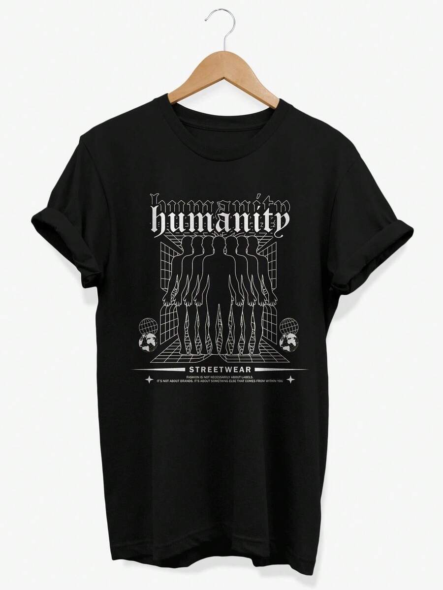 Camiseta Humanity Graphic Urban Y2K Streetwear. Camiseta unisex de algodón puro de 220 g. Peso ideal para todas las estaciones, apta tanto para hombres como para mujeres. Tejido duradero de alta calidad, suave al tacto y de larga duración. Prenda transpirable, ideal para el otoño y las vacaciones. - Negro - Ver 1