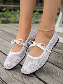Giày búp bê Mary Jane ren trắng lưới mới năm 2026 dành cho nữ, giày búp bê mũi vuông thêu sequin, thoáng khí cho mùa hè. - trắng - Xem 5