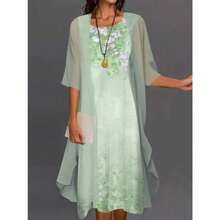 Women's Lilac Floral Print Dress, Two-Piece Set With A Sheer Cardigan Featuring Three-Quarter Sleeves, Round Neck, Loose-Fitting, Flowing Silhouette In Lightweight Fabric Ideal For Spring And Summer, Elegant Boho Style Perfect For Casual Events, Family Gatherings And Vacations - 綠色 - 查看 5