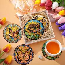 8 pièces Set de sous-verres en peinture de diamant - Motif papillon, surface en diamant ronde et brillante, adhésif robuste, kit d'outils complet, facile pour les débutants, artisanat anti-stress, cadeau pour le Nouvel An, la Saint-Valentin, Noël, la Fête des Enseignants, sous-verres de décoration pour la maison pour la famille, les amis, la petite amie, l'enseignant - Multicolore - View 5