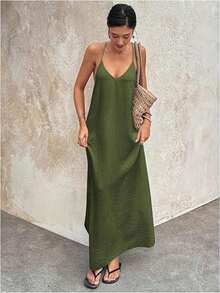 Women's Elegant Sequin Spaghetti Strap Backless Maxi Dress, Suitable For Party, Wedding, Beach, Vacation, White, Summer - Verde - Ver 5