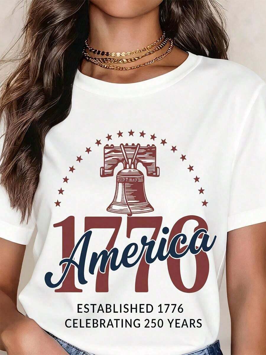 1776: Americanism Established. Celebrating 250 Years. Patriotic Liberty Bell T-Shirt For Women. Classic White Tee. Independence Day Gift. American Flag Inspired Design. - 白色 - 查看 1