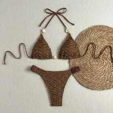Nuevo Traje de Baño Bikini de Dos Piezas con Cuentas y Textura Especial, Sexy y con Lazos, 2026 - z26063 con color de cibercafé - Ver 7