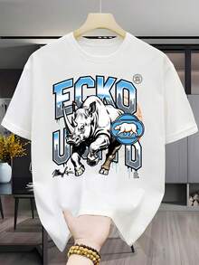 Camiseta Casual de Manga Corta con Cuello Redondo para Hombre con Diseño del Logo de Eo Rhino City, Camiseta Casual Transpirable de Alta Calidad con Estampado, Cuello Redondo Ligeramente Elástico, Fácil de Cuidar y Versátil, Adecuada para Pascua, Halloween, Acción de Gracias y otras festividades. - Blanco - Ver 1