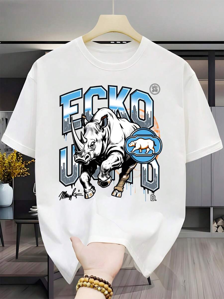 Camiseta Casual de Manga Corta con Cuello Redondo para Hombre con Diseño del Logo de Eo Rhino City, Camiseta Casual Transpirable de Alta Calidad con Estampado, Cuello Redondo Ligeramente Elástico, Fácil de Cuidar y Versátil, Adecuada para Pascua, Halloween, Acción de Gracias y otras festividades. - Blanco - Ver 1