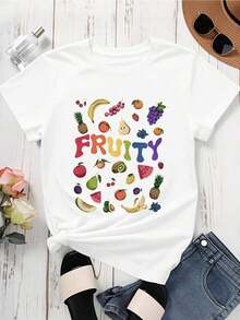 Camiseta Casual con Estampado de Frutas para Mujer, Camiseta de Verano con Diseño Gráfico de Frutas Coloridas, 100% Algodón, Duradera - Blanco - Ver 3