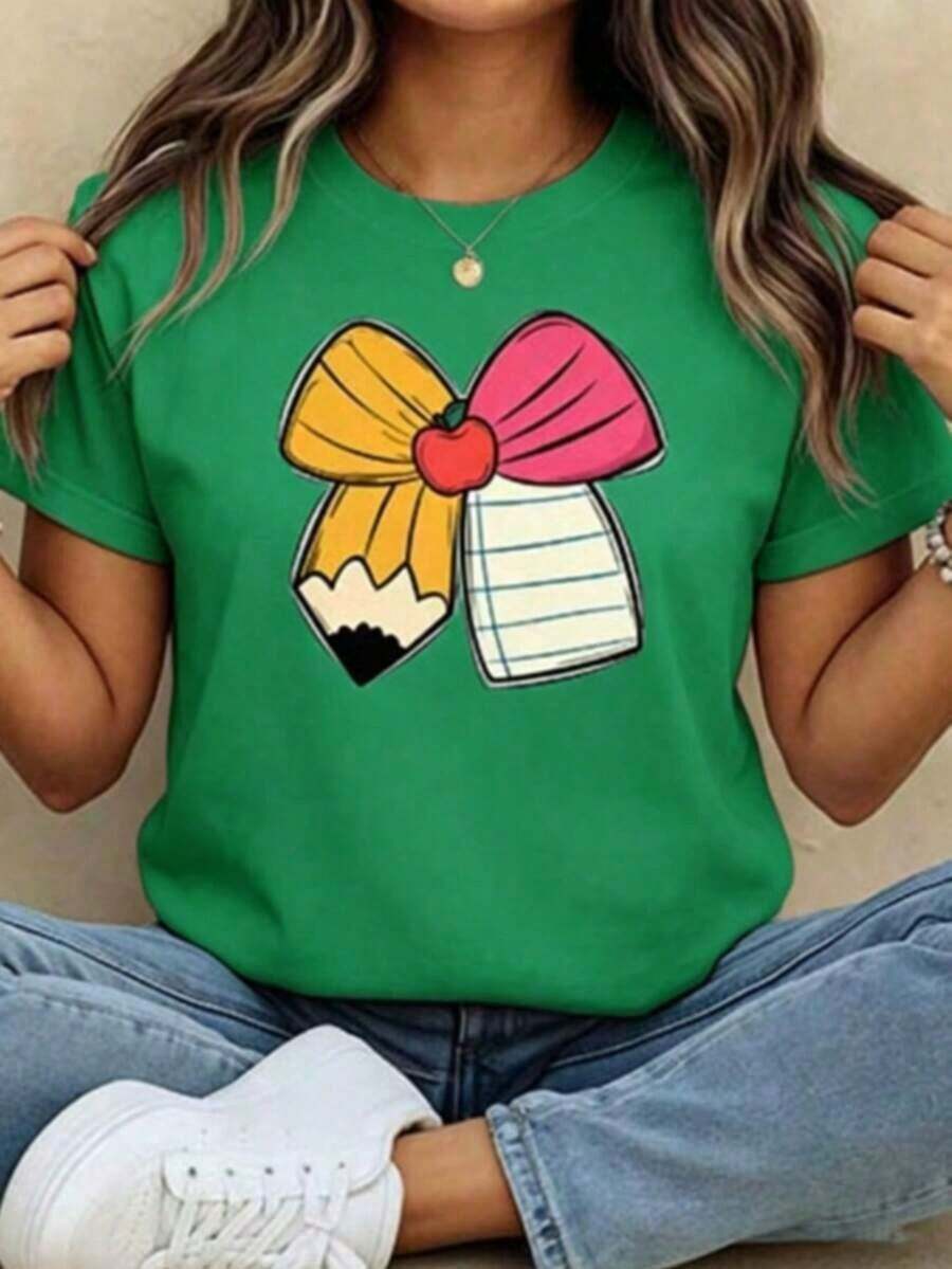 Camiseta Holgada Sencilla Mujer Estilo Moderno Camiseta de manga corta con estampado LAPIZ, de cuello redondo, playeras para mujer, blusas gráficas para mujerNew stylish T-shirt, - Ideal para el Verano Camiseta Mujer Estampado Gráfico Verano 2026 - Verde - Ver 1