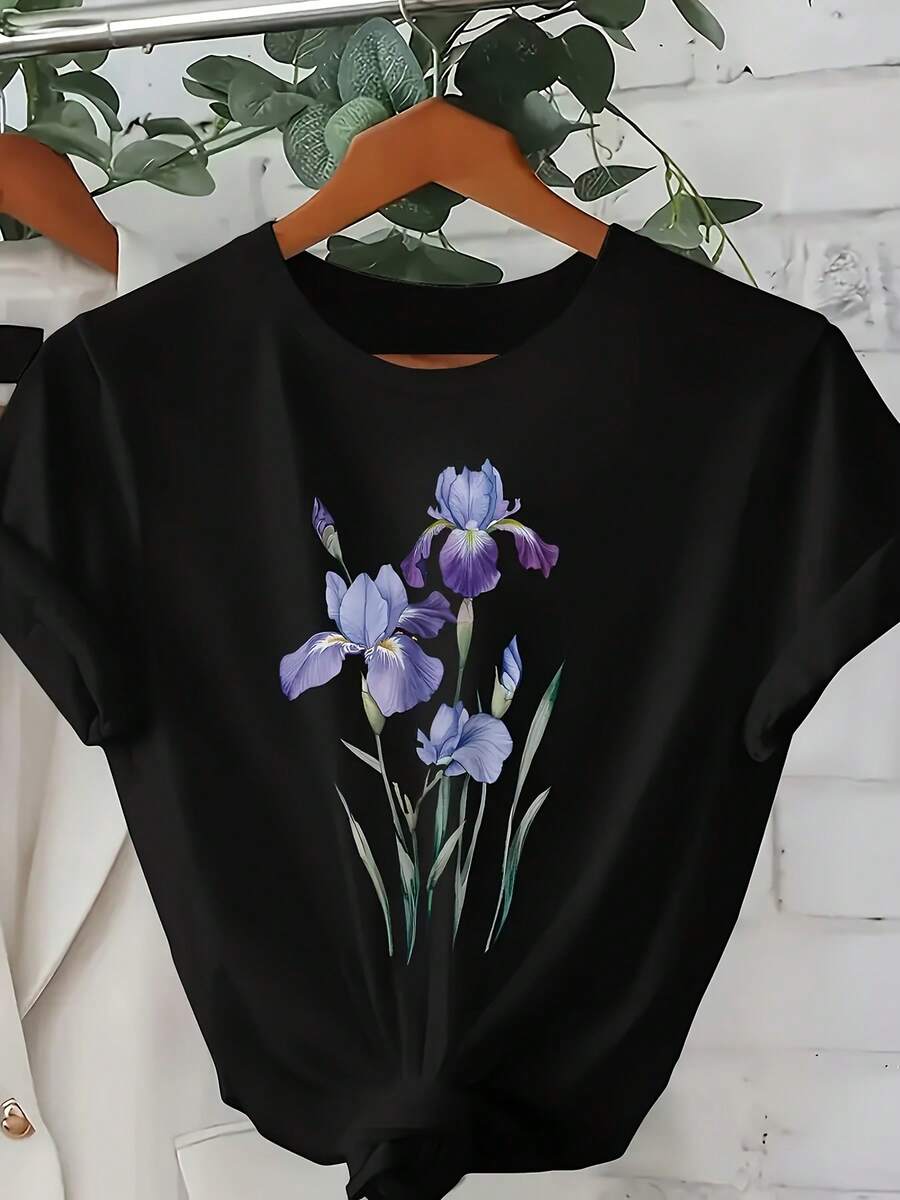 Camiseta Casual de Manga Corta para Primavera y Verano, Para Dama - Negro - Ver 1
