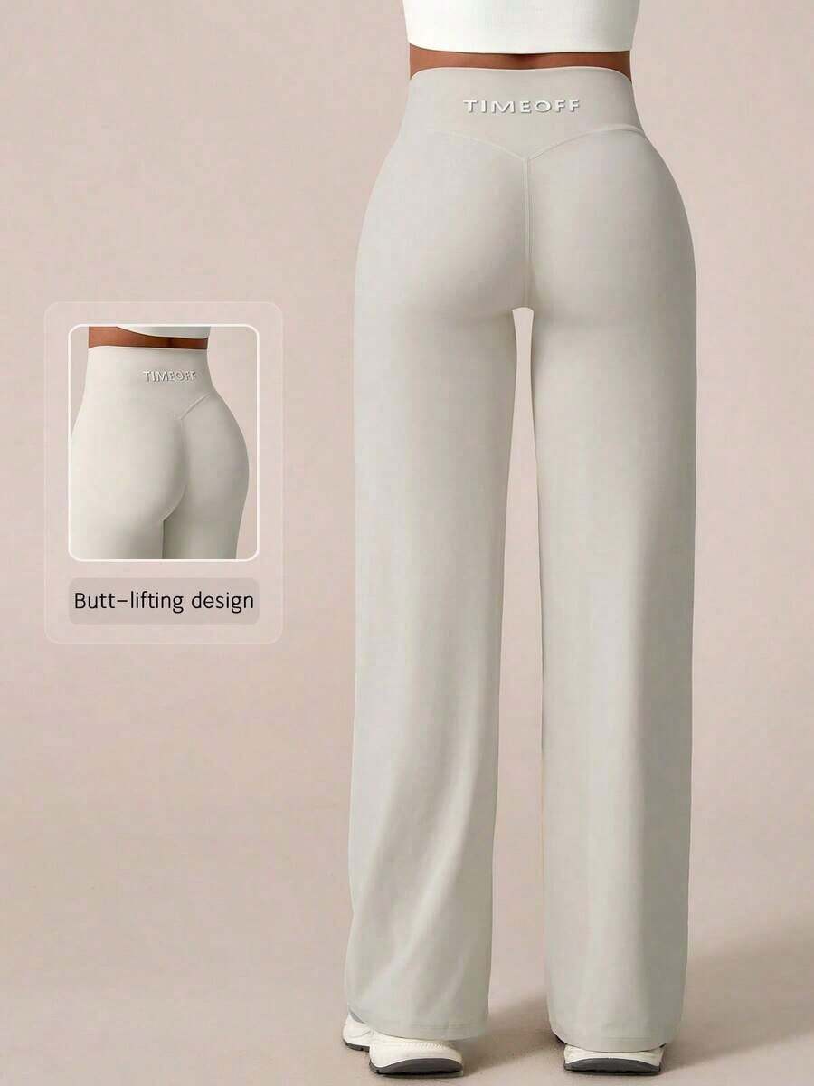 2026 TimeOff 1 pieza Pantalones deportivos de mujer minimalistas con cintura elástica, estampado de letras, pierna recta y ancha, efecto levantador V-Shape, primavera - Albaricoque - Ver 1