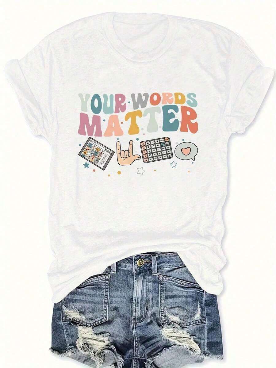 Camiseta de Talla Grande con Estampado de Letras, Manga Corta y Cuello Redondo, Ropa Casual de Verano y Primavera, Ropa Oversize para MujerConjuntos de Vacaciones de Verano 2026 - Blanco - Ver 1