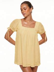 Women Square Neck Ruffled Mini Dress, Short Sleeve A-Line Casual Dress, Daily Shopping Office Travel Wear - 黃色 - 查看 5
