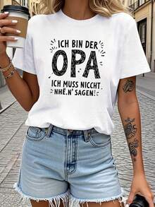 1 pieza clásica y versátil, camiseta de manga corta de algodón puro con estampado divertido de abuelo alemán para mujeres, ideal para usar en todas las estaciones. Estilo moderno - Blanco - Ver 1