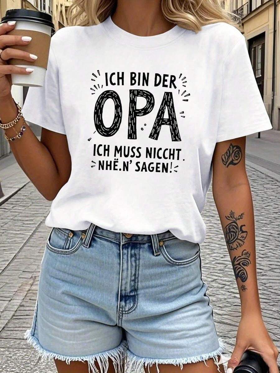 1 pieza clásica y versátil, camiseta de manga corta de algodón puro con estampado divertido de abuelo alemán para mujeres, ideal para usar en todas las estaciones. Estilo moderno - Blanco - Ver 1