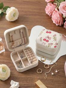 Vintage Print PU Leather Mini Jewelry Storage Box (10x10x5cm) - Portable Travel Jewelry Box, Multi-Compartment Interior Design With Ring Roll, Earring Slots And Necklace Hooks, Velvet Lining Zipper Closure, Lightweight, Ideal Gift For Sisters, Mothers, Teachers, Bridesmaids - Retro Print - View 9
