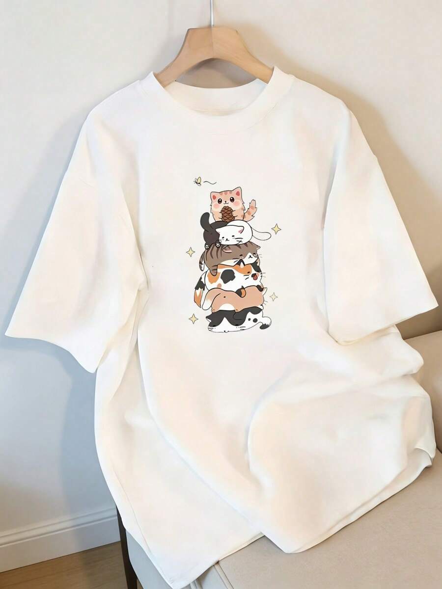 Women's Oversized T-Shirt With A Cartoon Cat Overlay Illustration, Perfect For Casual Everyday Wear, Featuring A Round Neck And Short Sleeves. - 白色 - 查看 1