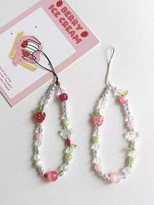 1pc Summer Cute Crystal Strawberry, Flower & Butterfly Phone Lanyard, Fresh Vacation Style Phone Charm Compatible With Phone Cases, For Women - Multicolor - View 1