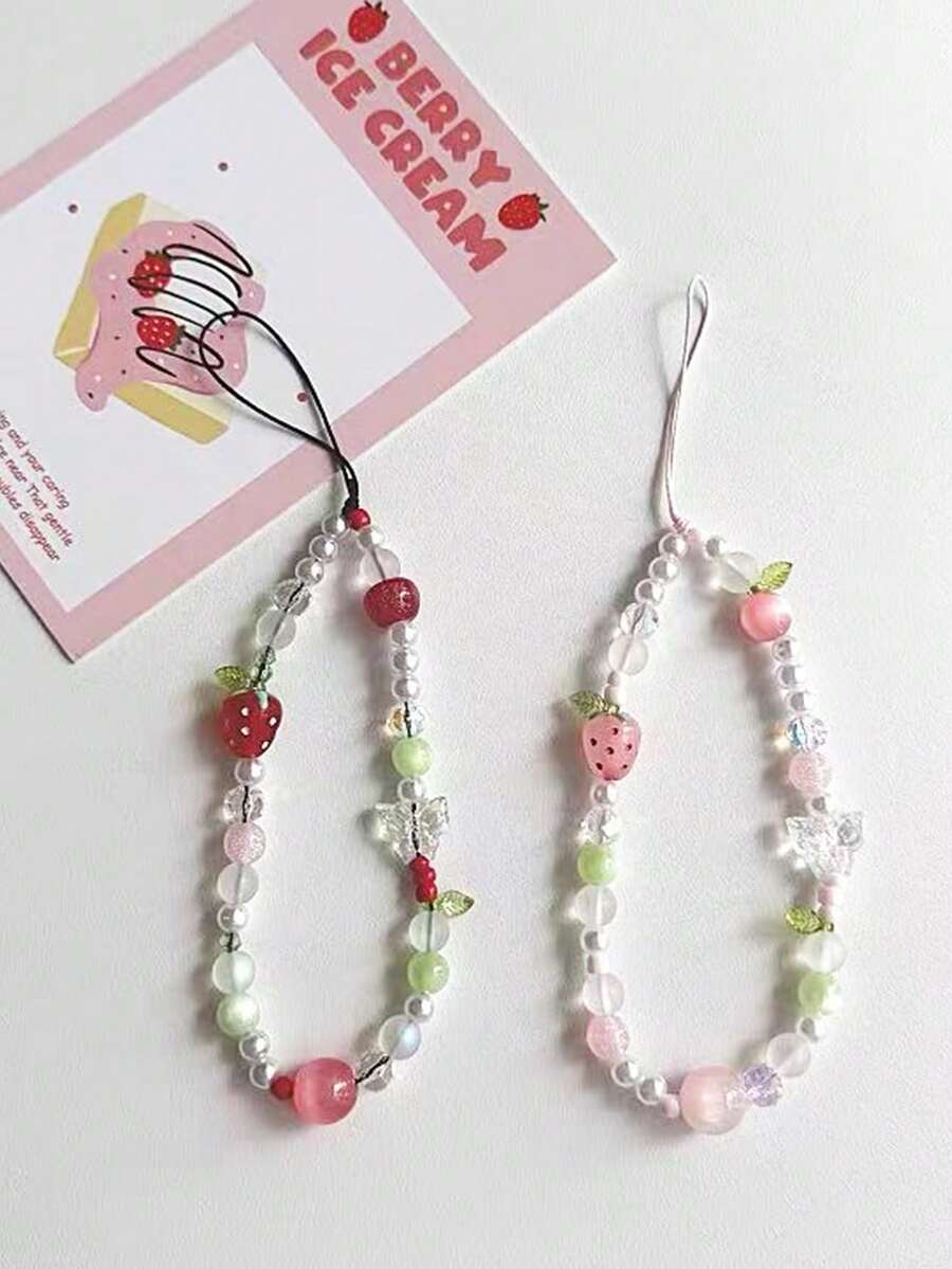 1pc Summer Cute Crystal Strawberry, Flower & Butterfly Phone Lanyard, Fresh Vacation Style Phone Charm Compatible With Phone Cases, For Women - Multicolor - View 1