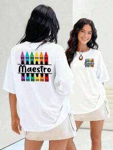 short-sleeveRound Neck Camiseta de mujer con crayones de arcoíris que forman un diseño vibrante, ideal para profesores y amantes del arte, 100% algodón para la máxima comodidad.100% Cotton Blusas Para Mujer Casual100% Cotton - Blanco - Ver 5