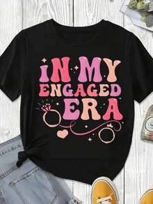 Elegante y casual para mujer, manga corta, camiseta de compromiso con estampado "Wedding In My Engaged Era", ropa casual para primavera y verano. - Negro - Ver 3