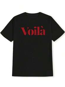 Camiseta Casual Negra para Mujer con Estampado de la Letra "Voilà" en Rojo - Manga Corta, Cuello Redondo, Poliéster Ligero, Perfecta para Primavera y Verano, Camisetas para Damas - Negro - Ver 4