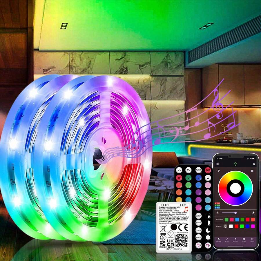 Tira de luz LED de 3-100 pies con función de sincronización de música y cambio de color, controlable a través de una aplicación y un control remoto de 44 teclas, adecuado para la sala de estar, la cocina, el armario y las escaleras