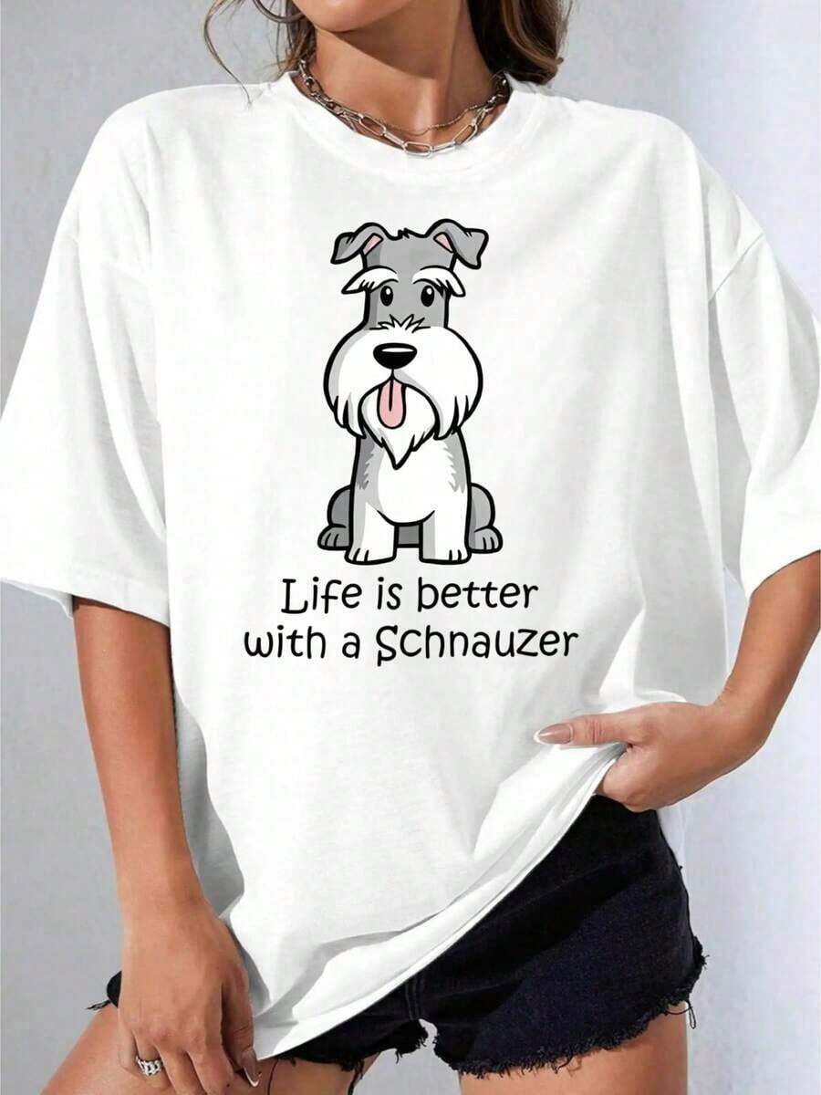 Women's T-Shirts, Casual Short Sleeve Party T-Shirt, OneWhite T-Shirt With Schnauzer Dog Print And Text 'Life Is Better With A Schnauzer' For Casual Use 180g - 白色 - 查看 1