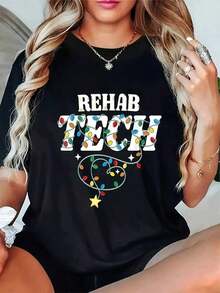 Camiseta Divertida de Rehabilitación para Mujer - Atuendo Temático para Fiestas Navideñas con Estampado de Goteo IV y ECG, Manga Corta, Cuello Redondo, Estilo Casual, Lavable a Máquina, Regalo para Enfermeras, Médicos y Personal de Rehabilitación. - Negro - Ver 8