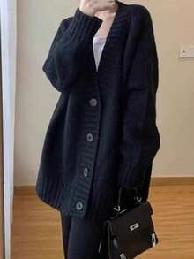 Women's Knitted Jacket, Women's Tweed Jacket, Autumn And Winter Loose Lazy Windproof Slim Cardigan Jumper, Versatile Knit Sweater Tops - 黑色 - 查看 1