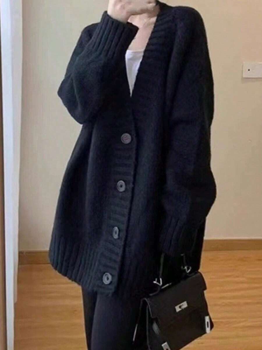 Women's Knitted Jacket, Women's Tweed Jacket, Autumn And Winter Loose Lazy Windproof Slim Cardigan Jumper, Versatile Knit Sweater Tops - 黑色 - 查看 1