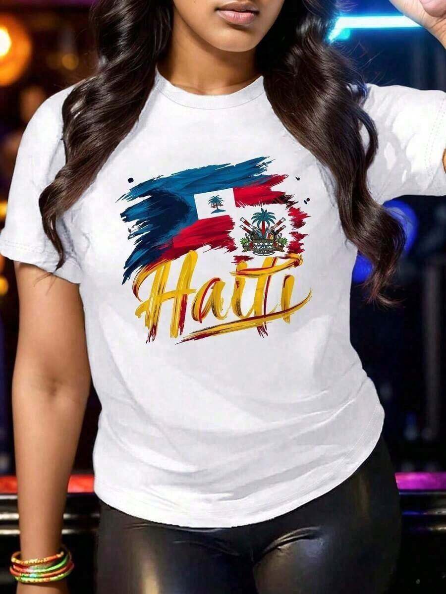 Camiseta Retro para Mujer con Estampado Gráfico Haitiano, 100% Algodón, Manga Corta, Transpirable, Ligera, Casual, para Festivales - Blanco - Ver 1