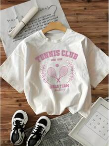 Women's Essential Loose Casual T-Shirt | New York Tennis Club Print, Crossed Tennis Rackets And Trophy, 100% Cotton, Short Sleeves, Machine Washable, Round Neck, Suitable For Spring/Summer, Sporty And Comfortable, Soft Cotton Everyday Wear For Summer. - 白色 - 查看 12