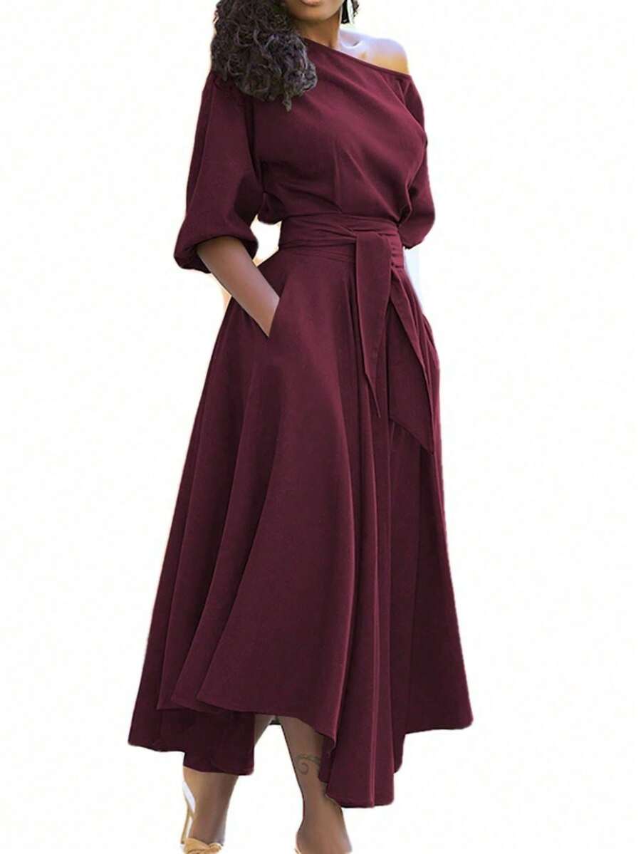 Vestido largo liso hombro asimétrico con lazos y cintura ajustada primavera 2026 - Burdeos - Ver 1