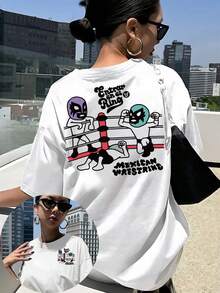 Camiseta de manga corta con estampados frontales y traseros - estampado de luchador enmascarado de la lucha mexicana - Camiseta de mujer con estampado de moda para primavera/verano, artículo de moda, adecuada para citas de fin de semana, reuniones y viajes. Camisa elegante adecuada para fiestas. - Negro - Ver 1