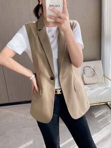 Blazers para mujer,Chaqueta chaleco versátil de un solo botón estilo coreano, novedad de moda para mujer para primavera/otoño. - Caqui - Ver 5