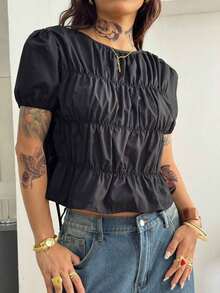 Blusas de mujer con manga corta, cuello redondo, fruncido, encaje y abertura lateral para primavera y verano, estilo Y2K ideal para citas, festivales de música y conciertos - Negro - Ver 5