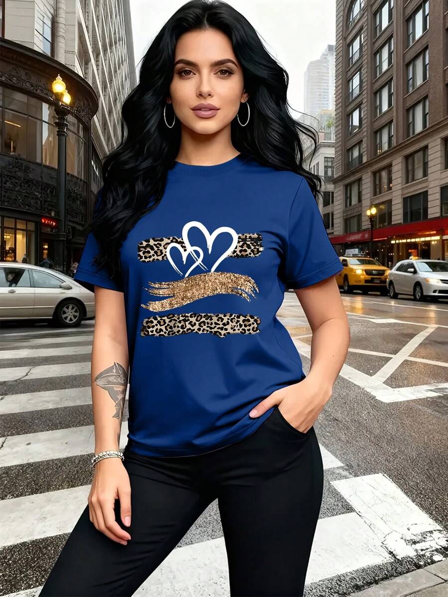 Glitter Heart Print T-Shirt With Leopard Print Design, And Breathable, Suitable For Family Trips, School Activities, Casual Sports, Daily Commutes, Matching Sister Outfits, Versatile T-Shirt. 9XO7 - 藍色 - 查看 1