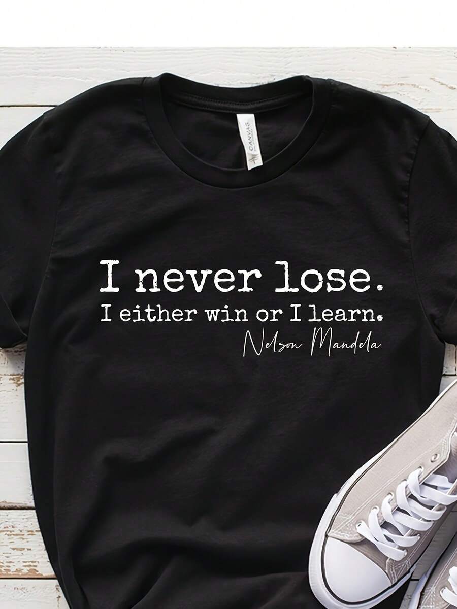 -Shirt I Never Fail I Either Win Or Learn By - Mandela Quote And Iconic Signature Retro Short Sleeve Crew Neck T-Shirt For Men Casual Commemorative Clothing For African American History Month, Loose And Comfortable Fit. - Back - View 1