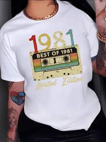 Cinta cassette retro con número 1981 y frase nostálgica que celebra la música clásica de los ochenta evocando juventud y alegría camiseta de mujer casual moderna edición limitada - Blanco - Ver 8