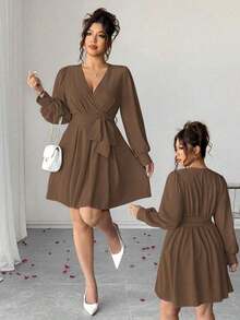 Vestido elegante de manga larga con cuello en V, cintura con lazo y falda acampanada para mujer de talla grande - Marrón - Ver 9