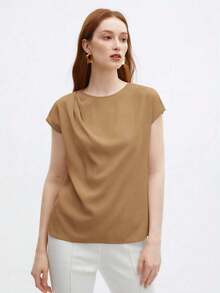 Blusa holgada de cuello redondo con mangas cortas y volantes, elegante y chic para el transporte urbano, uso diario, retro romántico de los 90, adecuada para Navidad, Año Nuevo, San Valentín, fiestas, playa, graduación, versátil y minimalista, apr - Amarillo Mostaza - Ver 5
