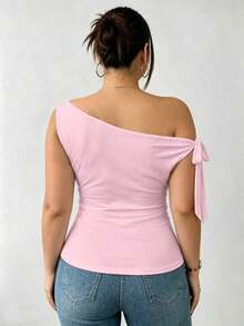 Camiseta ajustada de mujer talla grande de unicolor y cuello asimétrico, para verano - Rosa - Ver 2