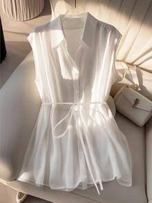 Blusa Blanca Transparente sin Mangas para Mujer 2026, Cuello Camisero, Abotonada, con Cinturón en la Cintura, Estilo Peplum, Informal, para Oficina, Verano - Blanco - Ver 4